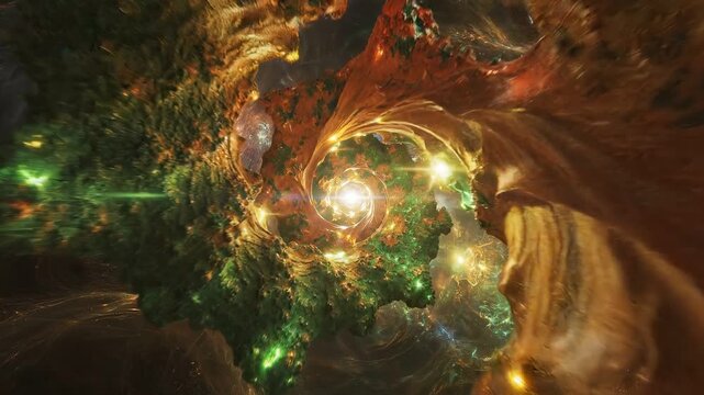 Abstract Organic Spiral Vortex with Green Moss and Orange Texture
