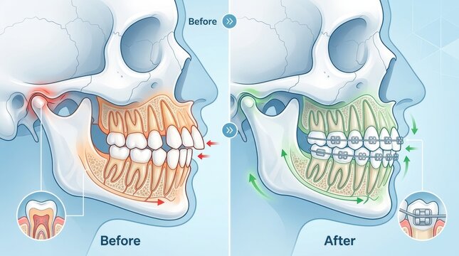 Dental braces correcting jaw alignment and tooth position before and after treatment