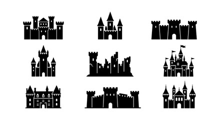 Medieval Castle Icons, Fortress Silhouettes, Royal Palace Vector Set © Image World