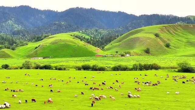 Grassland, pasture, grazing, cattle and sheep, actual shooting footage