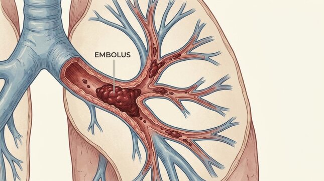Detailed illustration of embolus in human lungs with highlighted anatomy