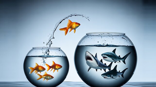 Goldfish jumping from bowl of sharks symbolizing ambition courage and opportunity