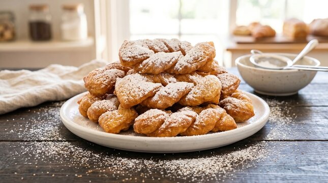 Calzones rotos on white platter, traditional Chilean sweet pastries with powdered sugar