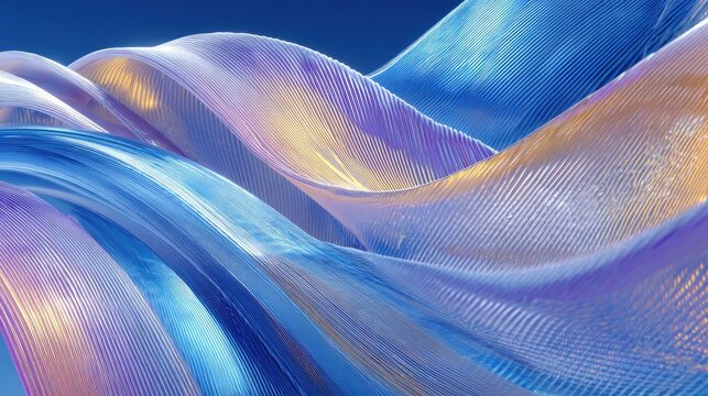 Flowing, iridescent ribbons undulate across a rich blue background in abstract composition.