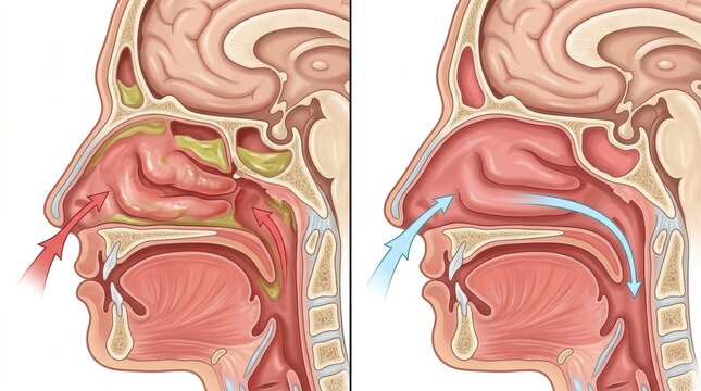 Comparison of nasal passages showing airflow and congestion in a medical illustration