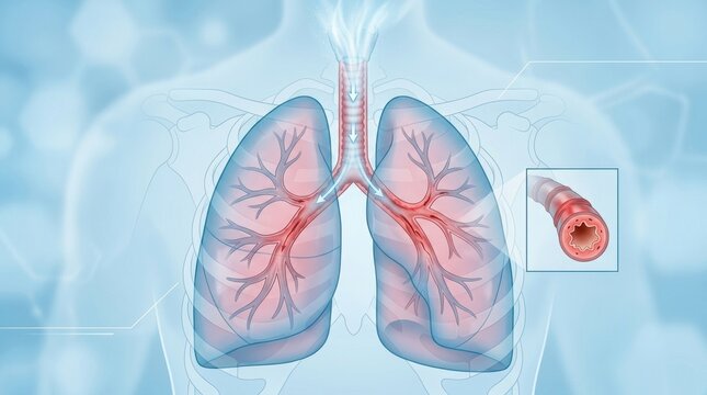 Illustration of human lungs showing airflow and a close-up of a constricted airway