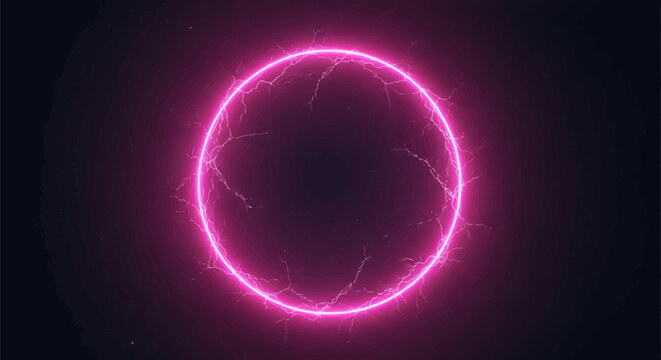 Pink neon glowing circle with electrical lightning discharge arcs on dark cosmic background with stars, vibrant energy ring frame for digital graphic design background.