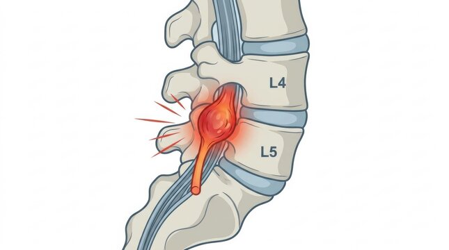 Illustration of a herniated disc pressing on a nerve root in the lumbar spine