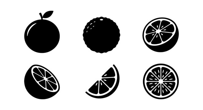 Orange fruit icons set, citrus slices vector, black silhouette food graphics