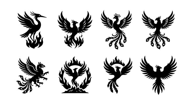 Phoenix bird silhouette set, 8 mythical fire bird icons, black vector logos