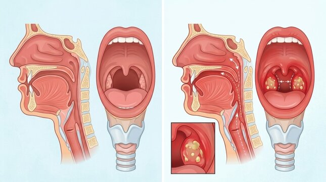 Anatomy of the throat showing tonsillitis and enlarged tonsils with exudate