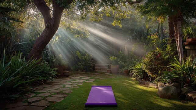 Serene natural garden space features bright light beams illuminating a purple exercise mat ready for activity