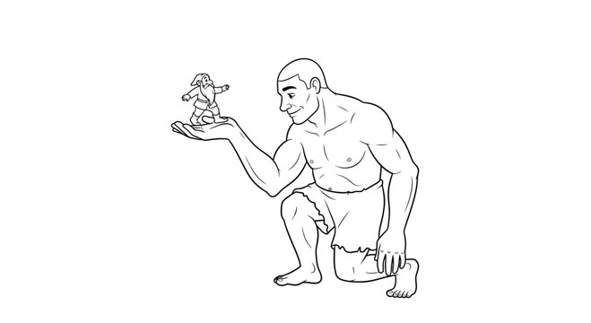 Giant holding tiny person in hand, fantasy illustration, scale difference, power, control