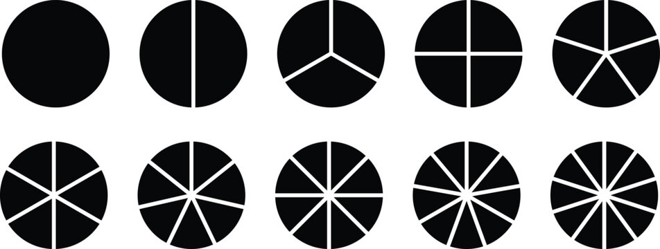 Segments of circle with 1 to 10 pieces. Info graphic icons circles set divided radius in black and white color vector image. Divided circle sections, Black round diagram. Divided circle sections.
