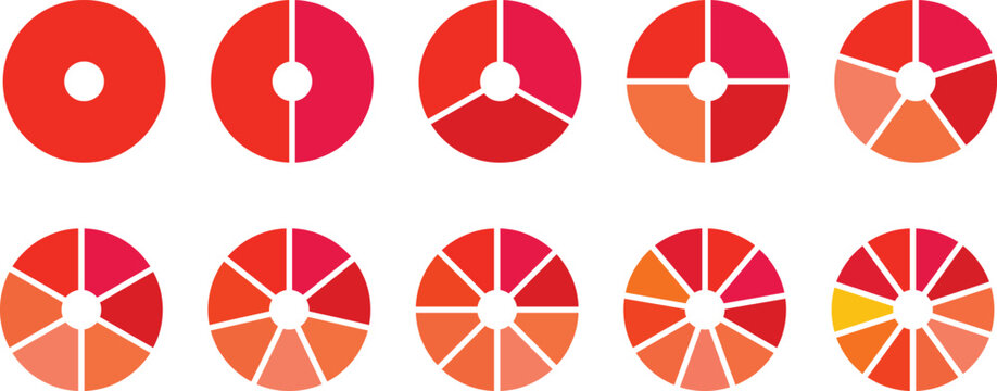 Circle pie chart diagram. Circle division infographic icon set. Loading bar set diagram multicolored collection. Pie chart divided 1,2,3,4,5,6,7,8,9,10 equal parts.
