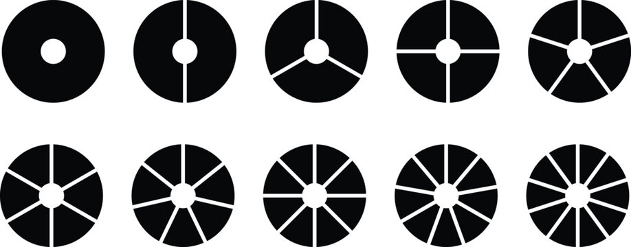 Segments of circle with 1 to 10 pieces. Info graphic icons circles set divided radius in black and white color vector image. Divided circle sections, Black round diagram. Divided circle sections.