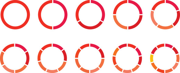 Infographic icons circles set divided radius in colorFULL vector image. Segments of circle with 1 to 10 pieces. Black round diagram. Divided circle sections set.