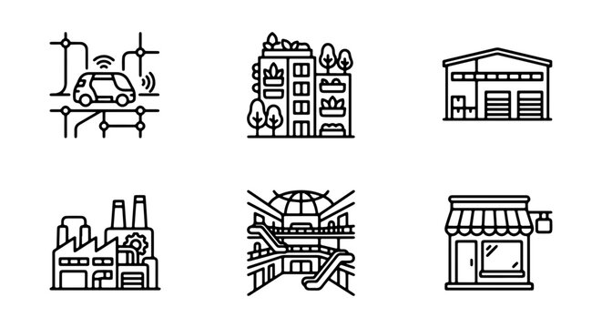 Modern City Buildings, Autonomous Car, Factory, Mall, Store Icons Set