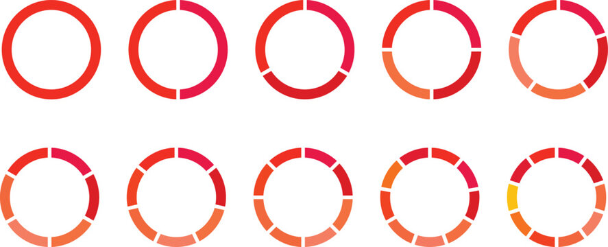Infographic icons circles set divided radius in colorFULL vector image. Segments of circle with 1 to 10 pieces. Black round diagram. Divided circle sections set.
