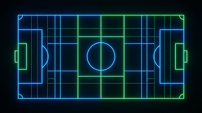 Vibrant neon lines illuminate a futuristic soccer field design, capturing the essence of competitive digital sports and the thrill of the beautiful game