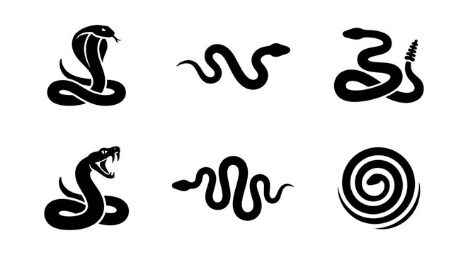 Black snake silhouette icons, cobra and rattlesnake vector set, 6 elements