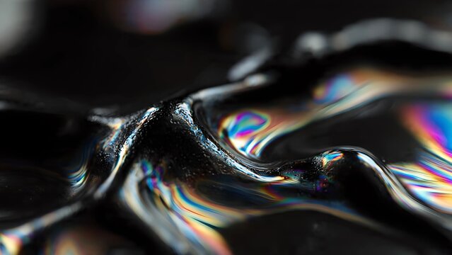 Macro shot of liquid obsidian flowing, deep black metal texture, swirling iridescent oil slick rainbow highlights