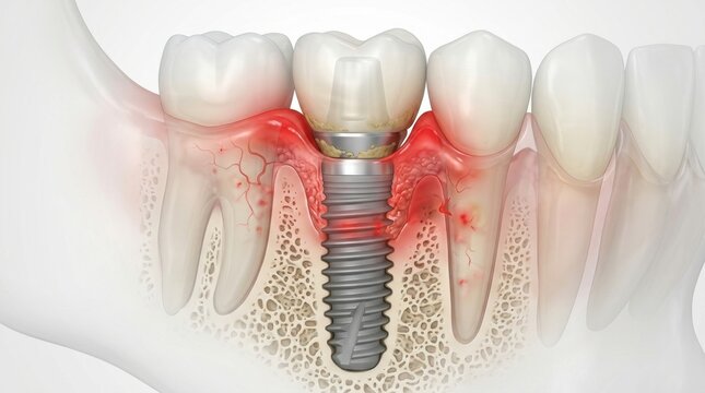 Dental implant with inflamed gums and bone loss illustration