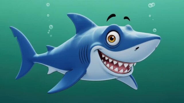 Cartoon Shark Smiling - Animated Underwater Creature with Bubbles in Ocean Depths.