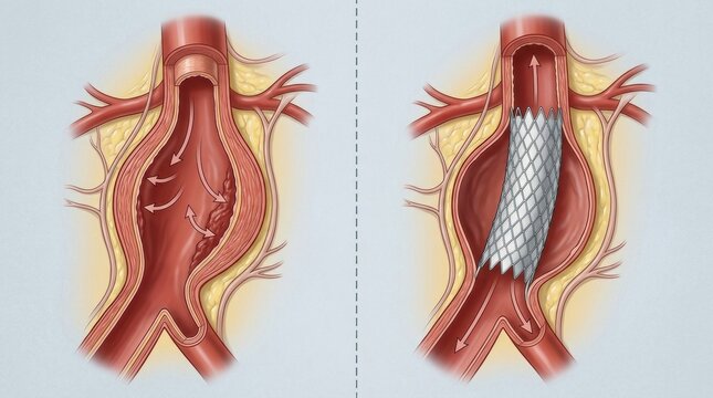 Aortic aneurysm repair with stent graft showing blood flow before and after intervention