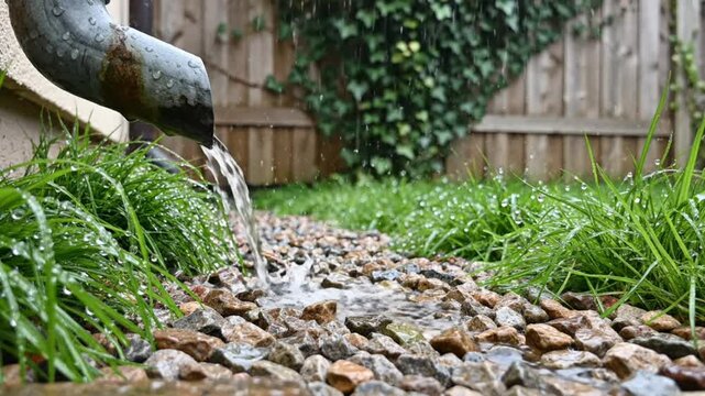 Rainwater pouring from a gutter into a natural rock and grass drainage system in a garden
