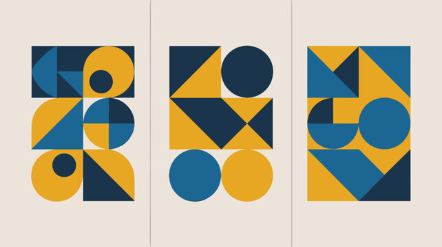 Three vertical abstract panels feature a repeating geometric composition of blue and yellow circles, squares, and triangles arranged on a warm cream colored background.