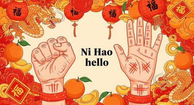 A chinese new year greeting card with hands and oranges illustration