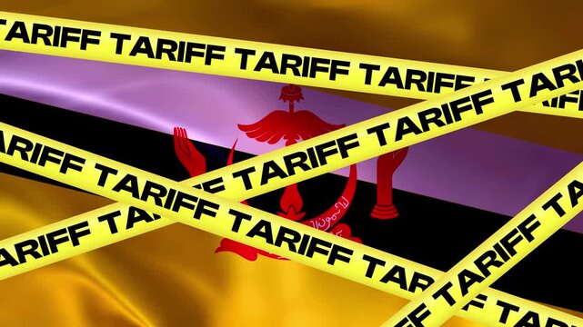 Customs Barrier and National Flag: Yellow tape with TARIFF repeatedly printed on it is wrapped around a national flag, symbolizing trade restrictions and economic barriers.