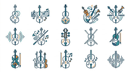 Collection of stylized violin and cello musical instrument icons. © yuno