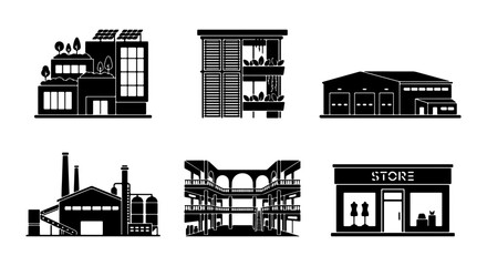 Fototapeta premium Modern Buildings Vector Set, Urban Architecture Icons, Commercial Facades Collection