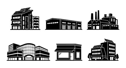 Obraz premium Industrial Buildings Collection, Modern Architecture Set, Commercial Facades Vector