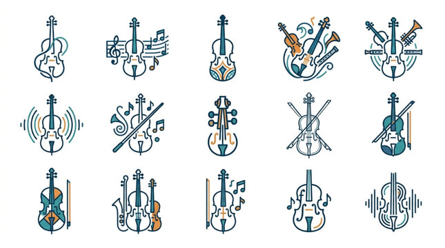Collection of stylized violin and cello musical instrument icons.