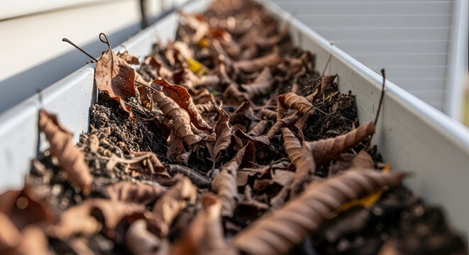 Close-up of Dry Brown Autumn Leaves in a White Planter Box.