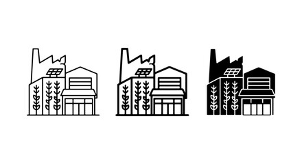 Obraz premium Eco Factory Icons, Green Energy Building Symbols, Sustainable Industry Vector Set
