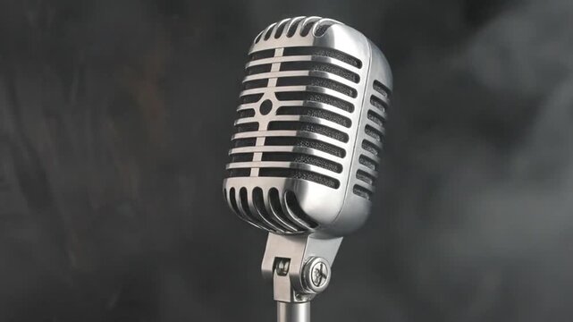 A vintage microphone stands on a wooden table against a dark background