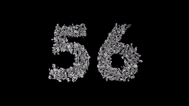 Number 56 Formed by Small Digits Animation with Alpha Channel. Typographic Number Formation Effect. Digital Number Made of Numbers. 3D Font Typographic Animation. Transparent BG