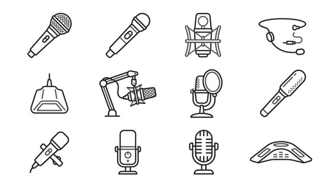 Collection of Various Microphone Icons and Illustrations.