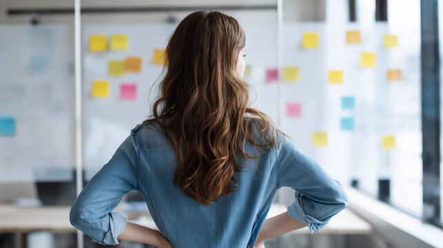 Back view of a businesswoman looking at colorful sticky notes on a glass wall