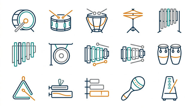 Collection of various musical percussion instruments icons.