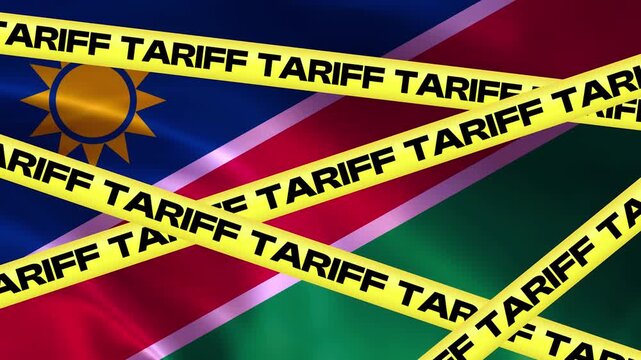Namibia Flag Under Tariff Tape: A stark visual representation of trade barriers and economic challenges, showing the flag of Namibia draped with yellow caution tape bearing the word TARIFF.