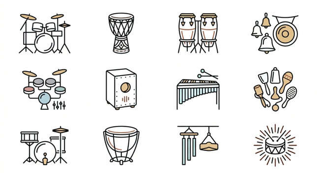 Collection of various musical percussion instruments in line art style.
