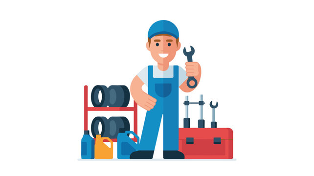 A mechanic dressed in blue overalls holds a metal wrench while standing next to a red toolbox and a storage rack loaded with spare vehicle tires.