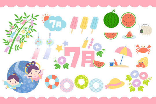 かわいい7月と七夕のイラストセット