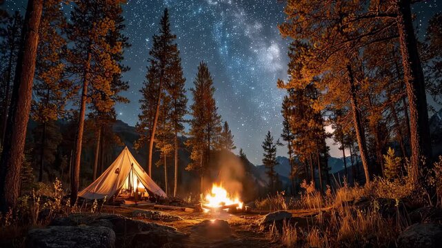 Glowing tent near a bonfire in a forest with stars shining bright in the night sky