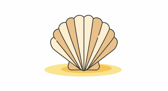 A simple, colorful illustration of a shell resting on a sandy patch